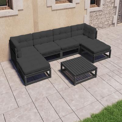 7-delige Loungeset met kussens massief grenenhout zwart