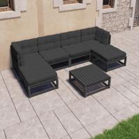 7-delige Loungeset met kussens massief grenenhout zwart