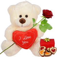 Witte knuffelbeer ca. 30cm met rood i love you hart - thumbnail