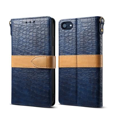 iPhone 7 & 8 tweekleurig Krokodil structuur PU leren Flip Hoesje met houder, draagriem en opbergruimte voor pinpassen & geld (blauw)