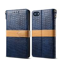 iPhone 7 & 8 tweekleurig Krokodil structuur PU leren Flip Hoesje met houder, draagriem en opbergruimte voor pinpassen & geld (blauw)