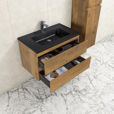 Badkamermeubel Tieme in mat eiken 80x50x48cm met zwarte wastafel