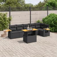 7-delige Loungeset met kussens poly rattan zwart
