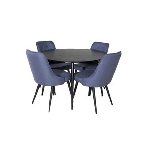 DippØ115BLBL eethoek eetkamertafel zwart en 4 Velvet Deluxe eetkamerstal blauw, zwart.