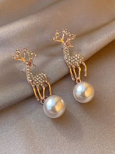 Christmas Rhinestone Elk Imitation Pearl Dangle Earrings