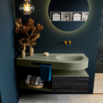 MONDIAZ RIVA 120cm badmeubel onderkast / planchet kleur Antracite met 1 lade. Wastafel DULCET rechts 0 kraangaten kleur Army. MONDIAZ RIVA 120cm badmeubel onderkast / planchet kleur Antracite met 1 lade. Wastafel DULCET rechts 0 kraangaten kleur Army.