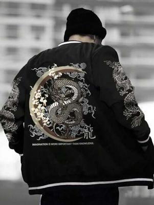 Bon&Bon Men's Chinese Dragon Varsity Baseball Jacket - Loose Fit Black / M