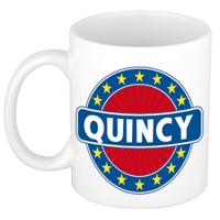 Quincy voornaam koffiemok - beker - wit/blauw - 300 ml - Cadeau - Heren - Collega - Vaderdag