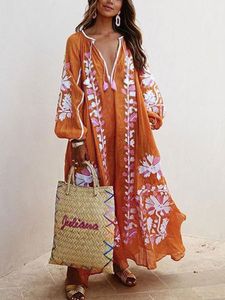Balloon Sleeves Boho Printed Maxi Weaving Dress