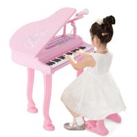 Kindertoetsenbord met 37 Toetsen en Kruk Elektronisch Pianotoetsenbord met Microfoon LED-Leer-Modus Opname- en Afspeelfunctie (Roze)