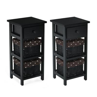 (2 Stuks) Nachtkastje met Lade en 2 Opbergmanden Bijzettafel Rieten Dressoir Mand Commode Ladeblok Zwart