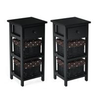 (2 Stuks) Nachtkastje met Lade en 2 Opbergmanden Bijzettafel Rieten Dressoir Mand Commode Ladeblok Zwart