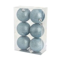 6x stuks kunststof glitter kerstballen ijsblauw 8 cm - thumbnail