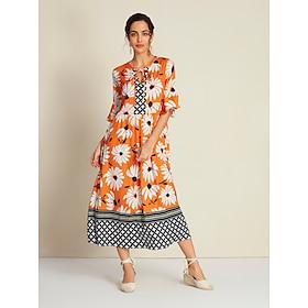 Dames Ruimvallend Swingjurk Jurk met print Maxi-jurk Oranje 3/4 mouw Geometrisch Bloemenprint Opdrukken Lente zomer Opstaande boord V-hals Bohemen Vakantie Cas