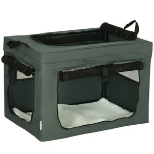 PawHut Transportbox, opvouwbaar, 3 ingangen, binnenkussen, voor honden en katten tot 4 kg/40 cm, grijs