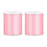 2x Satijnlint roze rol 10 cm x 25 meter cadeaulint verpakkingsmateriaal - Cadeaulinten