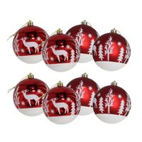 8x stuks gedecoreerde kerstballen rood kunststof 8 cm - Kerstbal - thumbnail