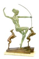 A BRONZE SCULPTURE OF DIANA WITH 2 DOGS GREEN / BROWN FINISH - thumbnail