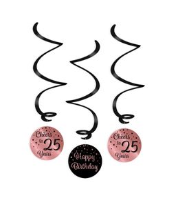 Hangdecoratie Swirls 25 Jaar Roségoud/Zwart (3st)