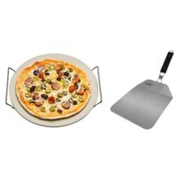 Keramische pizzasteen rond 33 cm met handvaten en inklapbare RVS pizzaschep 25 cm - thumbnail