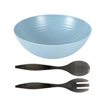 Salade/fruit diepe serveerschaal - blauw - kunststof - D27 cm - met sla couvert/bestek - grijs
