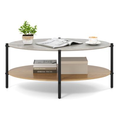 Ovale Salontafel met 2 Lagen en Stenen Blad Theetafel met Metalen Frame Bijzettafel voor Woonkamer of Ontvangstruimte met Open Plank