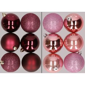 12x stuks kunststof kerstballen mix van aubergine en roze 8 cm - Kerstbal