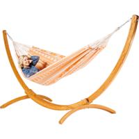 Tweepersoons hangmat met houten standaard - 350x160cm - OranjeRoze - 160kg draagkracht- 100% katoen - binnen & buiten Tweepersoons hangmat met houten standaard - 350x160cm - OranjeRoze - 160kg draagkracht- 100% katoen - binnen & buiten