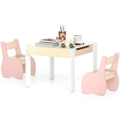 4 in 1 3-delige Houten Kinderzitgroep met Afneembare Tafel en Opbergruimte in Het Roze