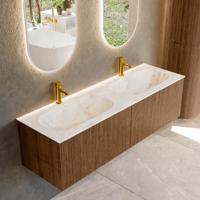 Badmeubel Mondiaz Kurve-Dlux | 150 cm | Meubelkleur Walnut | Wastafelkleur Frappe | Solid surface | Dubbele spoelbak | 2 kraangaten Badmeubel Mondiaz Kurve-Dlux | 150 cm | Meubelkleur Walnut | Wastafelkleur Frappe | Solid surface | Dubbele spoelbak | 2 kraangaten