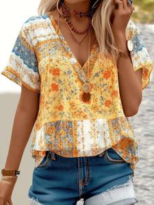 V Neck Loose Vacation Ethnic Shirt