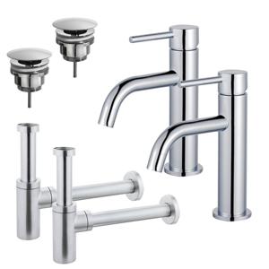 Fortifura Calvi Slim Wastafelkraanset - voor dubbele wastafel - lage wastafelkraan - always open plug - design sifon - Chroom 2x SW377812/2x SW696209/2x SW696214