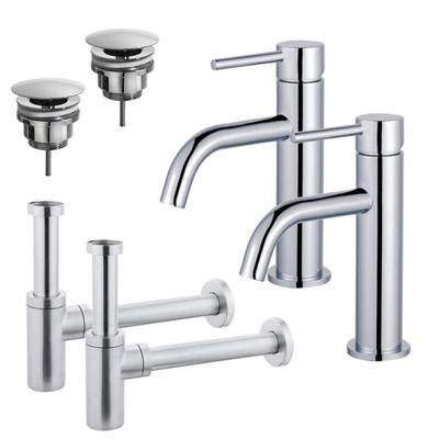 Fortifura Calvi Slim Wastafelkraanset - voor dubbele wastafel - lage wastafelkraan - always open plug - design sifon - Chroom 2x SW377812/2x SW696209/2x SW696214