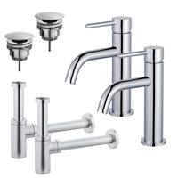 Fortifura Calvi Slim Wastafelkraanset - voor dubbele wastafel - lage wastafelkraan - always open plug - design sifon - Chroom 2x SW377812/2x SW696209/2x SW696214