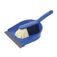Stoffer en blik - 2x - kunststof - 36 x 23 cm - donkerblauw - met rubber rand