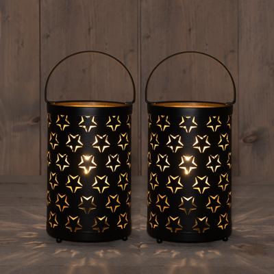 Anna Collection Led sfeer lantaarn - 2x - zwart met sterren - B12 x H19 cm - voor buiten