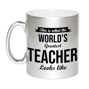 Zilveren Worlds Greatest Teacher cadeau koffiemok / theebeker voor leraar / lerares 330 ml    -