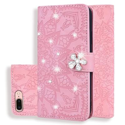 iPhone 7 Plus & 8 Plus met nep diamanten ingelegd uniek 3D mandala patroon PU leren Flip Hoesje met houder en opbergruimte voor pinpassen & geld (roze