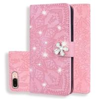 iPhone 7 Plus & 8 Plus met nep diamanten ingelegd uniek 3D mandala patroon PU leren Flip Hoesje met houder en opbergruimte voor pinpassen & geld (roze
