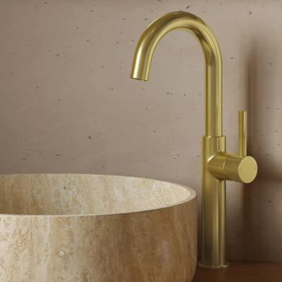 Wastafelkraan SaniClear Highriser Stripes | Opbouw | Mengkraan | Hoog model | Geborsteld messing - mat goud
