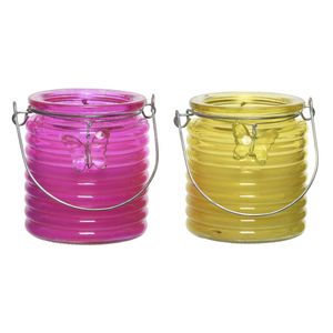 Citronella kaars - 2x - in windlicht - roze en geel - 20 branduren - citrusgeur - geurkaarsen