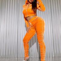 Bon&Bon Orange Ruched 2-Piece Set - Hooded Zip Up Crop Jacket & Pants Orange / L