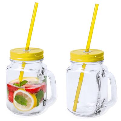 Mason Jar drinkbekers - 2x - glas - dop geel met rietje - 500 ml - afsluitbaar - fruit shakes