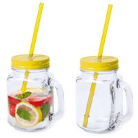 Mason Jar drinkbekers - 2x - glas - dop geel met rietje - 500 ml - afsluitbaar - fruit shakes Mason Jar drinkbekers - 2x - glas - dop geel met rietje - 500 ml - afsluitbaar - fruit shakes