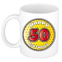 Verjaardag cadeau mok - 50 jaar - geel - sterretjes - 300 ml - keramiek - Abraham/Sarah   - - thumbnail