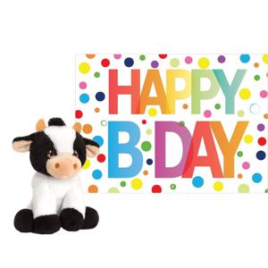 Pluche dieren knuffel koe 12 cm met Happy Birthday wenskaart