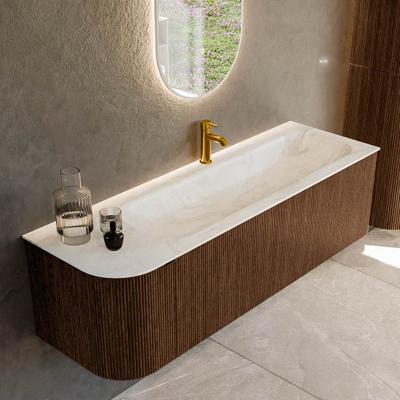 Badmeubel Mondiaz Kurve-Dlux | 145 cm | Meubelkleur Walnut | Wastafelkleur Ostra | Solid surface | Rechts spoelbak | 1 kraangat