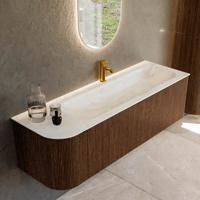 Badmeubel Mondiaz Kurve-Dlux | 145 cm | Meubelkleur Walnut | Wastafelkleur Ostra | Solid surface | Rechts spoelbak | 1 kraangat