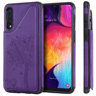 Voor Galaxy A50 kat boom reliëf patroon schokbestendige beschermende case met kaartsleuven & fotolijstjes (paars)