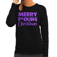 Foute kersttrui/sweater voor dames - Merry F*cking Christmas - zwart - glitter paars